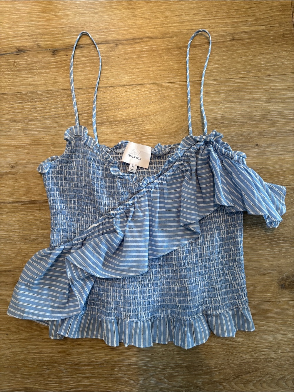 Cinq À Sept Mara Blue Striped Ruffle Smocked Crop Tank